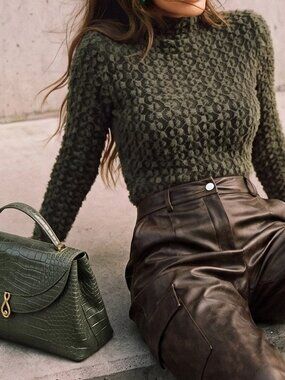 Army Green Elegant Women's Flocked Lace Turtleneck Slim Fit Undershirt Top